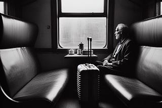 An elderly man traveling by train alone on a rainy day