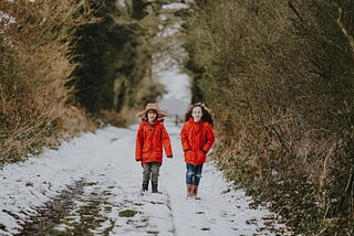Young children walking in the snow