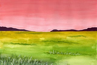 A gouache painting of a dreamy landscape with a pink sky, green fields, and mountains in the distance