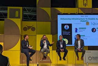 “Enhancing Infrastructure to enable Autonomous Mobility” panel at the Smart City Expo World Congress 2023. Concretely at the Tomorrow.Mobility plaza, with Cristoph Volath (moderator), myself speaking next to André Perpey and Coen Bresser.