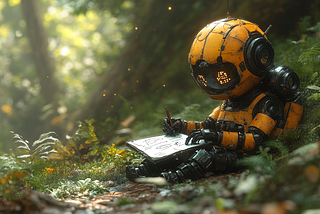 A cute robot methodically plans his next big software project. Image created by Midjourney.