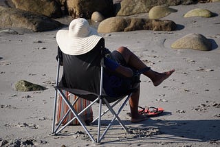 Lone woman with a floppy hat sits on the beach in a chair