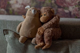 two stuffed animals with their arms around each other