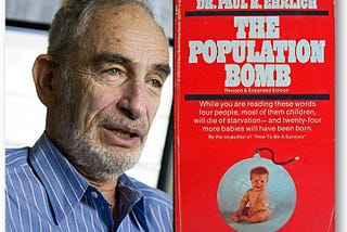 headshot of author Paul Ehrlich side by side with close up of his best selling book The Population Bomb