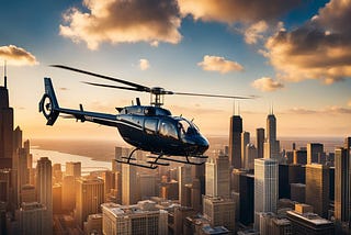 Picture of helicopter flying over Chicago.