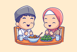 Cute Boy And Girl Moslem Break Fasting Cartoon