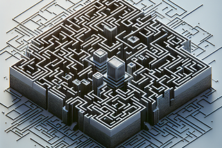 Generate a high-quality image of a complex maze seen from a bird's-eye view. The asthetics of the maze should consist of sleek, straight, modern lines resembling a circuit board or city skyline. The entrance and exit should be distinct and legible, and the overall tone of the maze should be intriguing, suggesting an exciting challenge. The background of the image should be minimalistic to shift full attention to the maze and also maintain a professional look that would be ideal for a market audience.