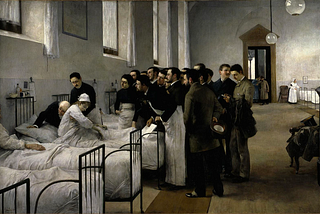 Painting of a hospital where a group of doctors are attending to a single patient who is sitting up in bed.