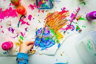 A Photo of a hand painting on a white background with multicouloured messy paint