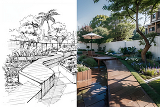 Image of a garden divided in two. On the left it looks like a sketch (b&w) and on the right, like a render.