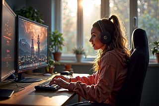 A young lady playing a computer game