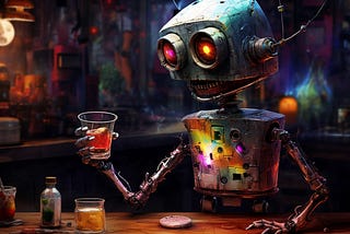 An illustration of a robot holding a small plastic shot glass containing an orange liquid.