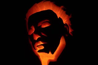 A pumpkin carved with the face of Michael Myers.