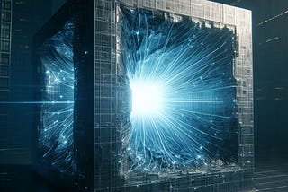 A hollow metallic gray cube with rays of blue light going toward the center