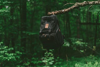 A backpack hanging on a tree in a forest