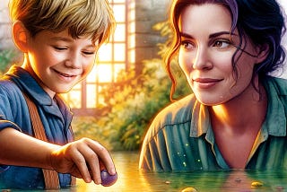 A vibrant watercolour illustration showing a boy with a cheeky grin tossing a pebble into a pond while his mother explains love during a gardening break.