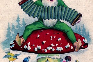Vintage Scandinavian illustration of a gnome wearing green and red and playing an accordion while sitting on top of a red-capped toadstool mushroom as birds sit on the snow around him and listen, evergreens in backdrop
