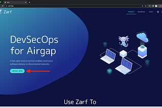 Zarf website main page, with an arrow pointing to the INSTALL NOW button.