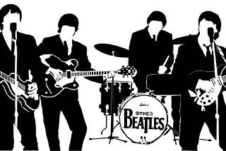 Digital art depicting The Beatles performing live, drawn in black and white.