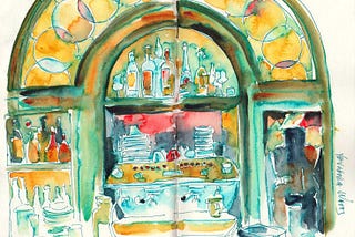 watercolor sketch of a restaurant bar with espresso machine by Yevgenia Watts