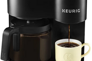 A picture of a Keurig Duo coffee maker. It has two stations — brew pot and a smaller one-cup coffee maker