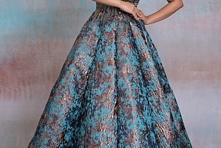 Teal Blue Foil Embroidered Silk Cocktail Gown