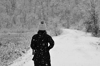 back of person walking into snow-covered woods