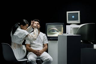 Woman sitting next to a seated man, inspecting his eye with a pencil-shaped camera. Both are wearing white. They are seated in an otherwise dark room next to two retro-style screens, one of which is in the center of the image displaying the video feed of the man’s eye, which is looking directly at you.