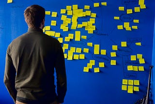 Man observing a blue wall covered with yellow sticky notes arranged in clusters, possibly representing a brainstorming or planning session.