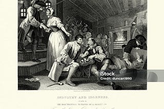Vintage engraving of showing a scene from William Hogarth’s Industry and Idleness. It intended to illustrate to working children the possible rewards of hard work and diligent application and the sure disasters attending a lack of both. The Idle Prentice betrayed by his Whore, and taken in a Night-Cellar with his Accomplice. https://media.istockphoto.com/id/490724922/vector/william-hogarth-industry-and-idleness-idle-prentice-betrayed.jpg?s=1024x1024&w=is&k=20&c=bbM4gTfjS8LIY_dYj4D_CYkOe6JER2xImp
