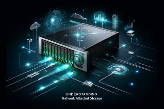 A sleek NAS banner with a dark, tech-themed background, highlighted by glowing lines and network icons, titled “Understanding Network Attached Storage”