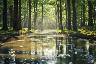 A serene forest scene, with towering trees casting long shadows on the forest floor. A gentle breeze rustles through the leaves, creating a peaceful atmosphere.