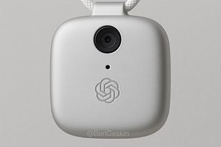 Image of a squarish white device with a camera and an OpenAI logo on the front. It’s suspended by a white piece of rope. Overall look is that of an Apple product.