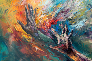 outstretched hand reaching into a colorful field