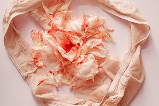 A pair of blush pink lacy panties are laid on a surface that’s almost the same colour. What looks like a falling-apart peony, also a light blush pink, is laid on the gusset (aka crotch) of the panties and there’s blood on the flower.
