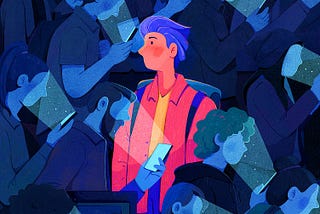 An illustration shows a person facing toward the left while standing in the middle of a crowd of people, staring at their devices, moving in the opposite direction.