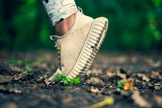 A foot with a sneaker on the soil in nature making a move