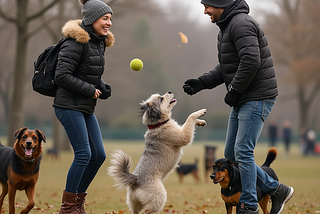 Two people chatting while playing with their dogs