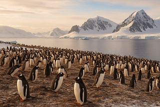 Gentoo penguins gather on the Antarctic shore under soft evening light, with glaciers and snow-clad peaks framing the icy horizon.