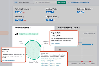 Image of Semrush’s backlink score dashboard. Contains graphics, audience data, and percentage scores