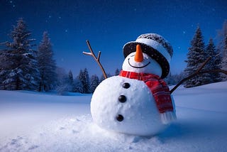 A relaxed snowman enjoying a peaceful Christmas night under the starry sky