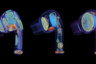 On a black background there are three close-up images of Airpod-style earbuds. They appear to be x-rays — the external shell of the earbuds is dark-to-invisible against the back background, while the internal electronics glow in blue, yellow, orange and red