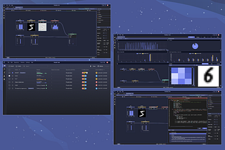 Figure 1: Screenshots of PerceptiLabs. Upper-left: Modeling Tool for designing models; Lower-left: Model Hub screen for manag