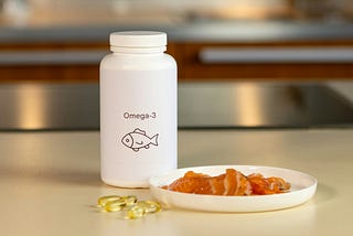 An image of a small container with the label ‘Omega-3 and a drawing of a small fish’, placed next to a bowl containing raw fish, and a handful of insulin, all on a neat table-top.