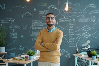 A man with glasses and arms crossed stands in a creative office in front of a chalkboard covered in business diagrams.