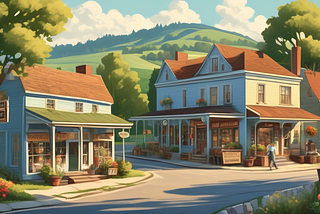 Create an image of a picturesque small town with quaint, charming houses, a cozy main street lined with locally owned shops, a vintage general store, and community members engaging in friendly conversation. Include a beautiful countryside backdrop featuring rolling hills, lush green fields, and a serene blue sky. Capture the essence of Gillett’s welcoming, nostalgic atmosphere.