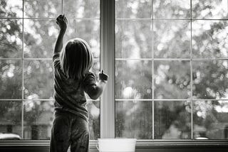 Little girl cleaning a window.