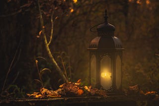a lantern outside a house in a forest