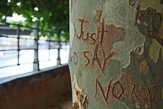 “Just say no” etched on a tree bark.