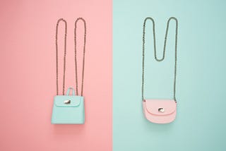 Two contrasting purses against contrasting backgrounds.